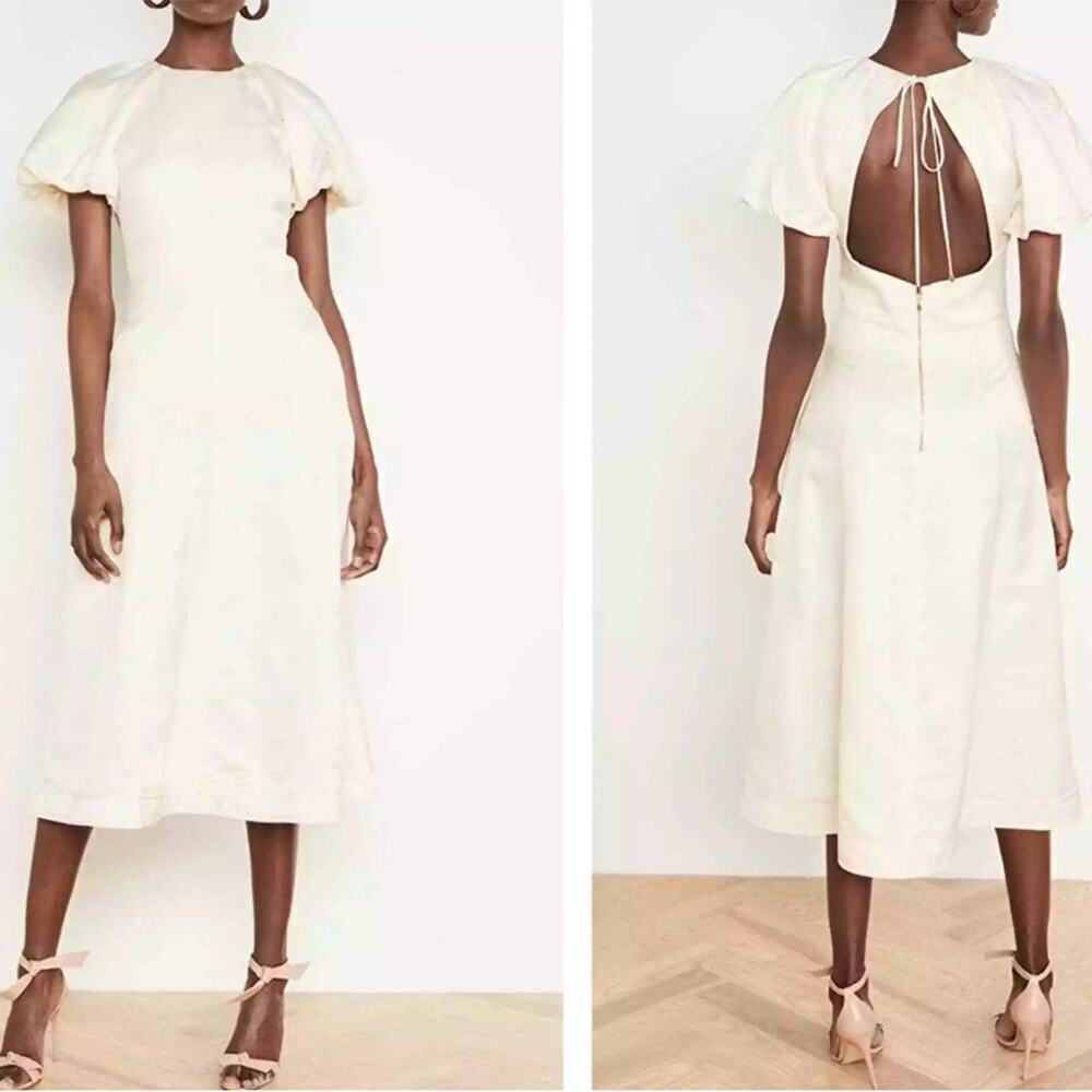 Rebecca Vallance Aimee Open Back‎ Sateen Midi Dress In Ivory Size 8